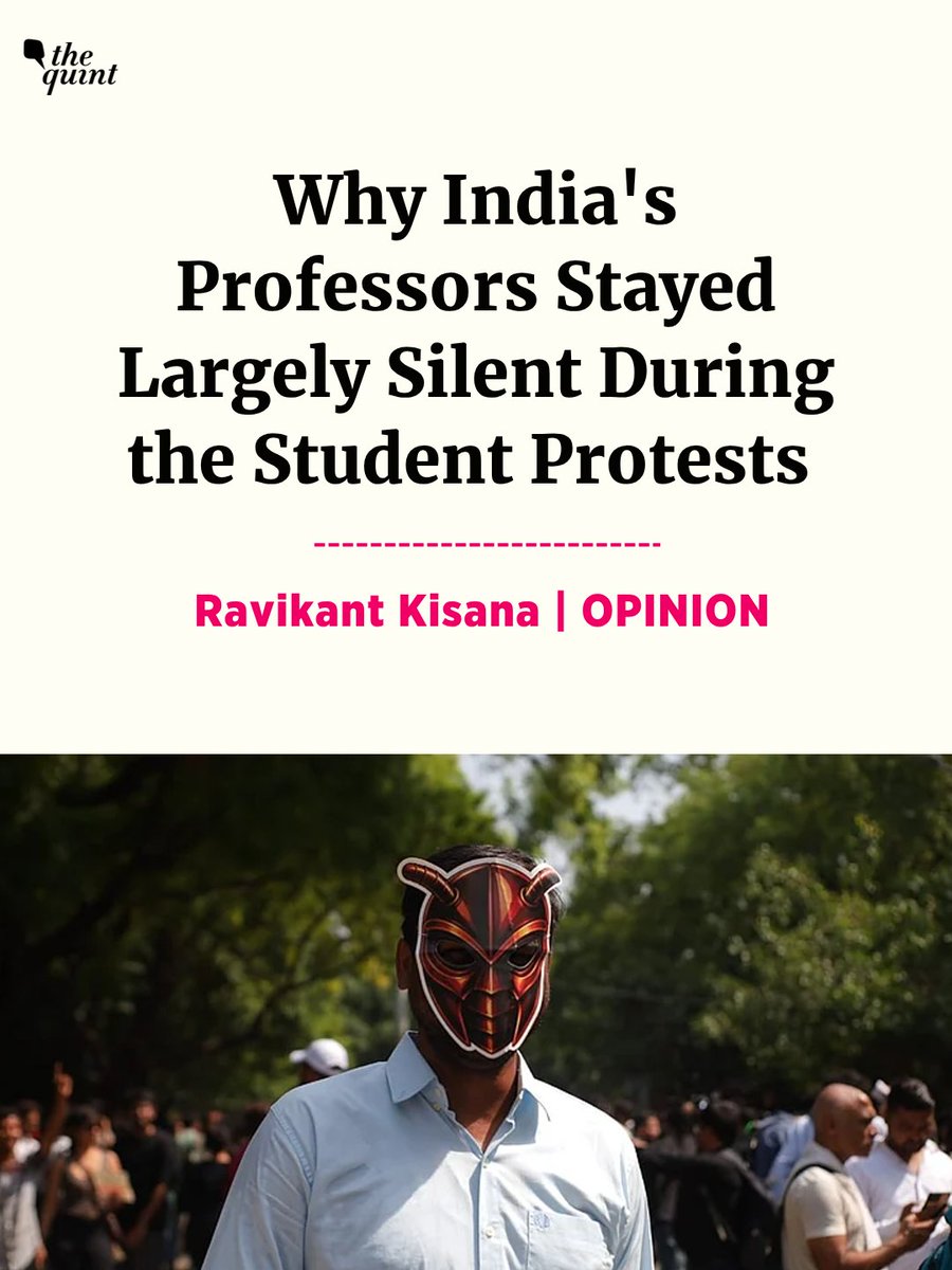 TheQuint's tweet photo. Rationality and critical thought are not sought after, instead are seen with suspicion. The administrative leadership of most institutions prioritise ‘good relations’ with the regime and often share its agenda, transforming the campus as a laboratory of ideological reproduction. Individual faculty who try to resist or non-participate are marked out, isolated and harassed. This is particularly intense for younger assistant professors who are new to the role, as well as PhD scholars who depend often on the institution for stipend, network and their degree. Any deviation brings punitive action. @ProfRavikantK writes.
Read the complete analysis: https://t.co/VeFn6rksG9