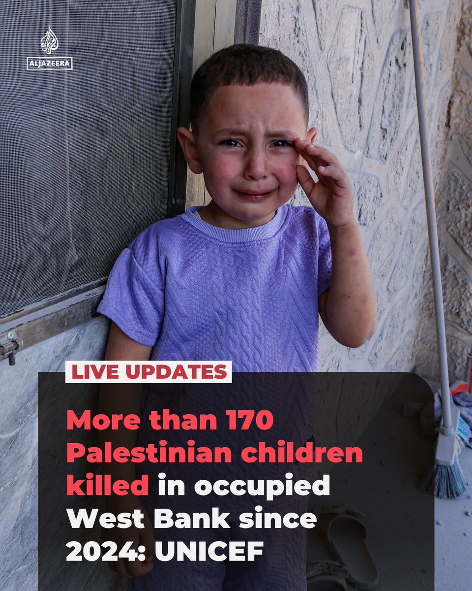 AJEnglish's tweet photo. 'Children have been shot, beaten [and] stabbed'

At least 174 Palestinian children – or “more than one child every week” – has been killed in the occupied West Bank, including occupied East Jerusalem, since January 2024, says UNICEF.

🔴 LIVE updates: https://t.co/AaX3RA0uxe https://t.co/OJLmM7qb2p