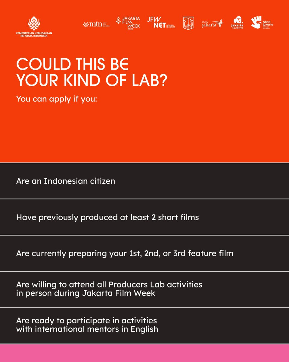 jakartafilmweek's tweet photo. Calling emerging Indonesian producers!

Producers Lab x MTN Lab is opening its call as part of JFWNET Industry Program. 

Learn about film production, financing &amp; distribution while developing your practice as a producer and working on your feature film project. https://t.co/QFtEAPqU6F