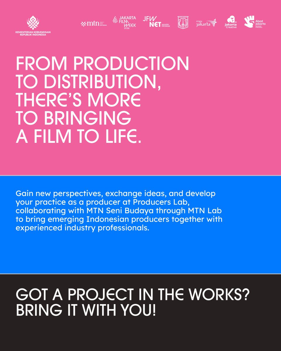 jakartafilmweek's tweet photo. Calling emerging Indonesian producers!

Producers Lab x MTN Lab is opening its call as part of JFWNET Industry Program. 

Learn about film production, financing &amp; distribution while developing your practice as a producer and working on your feature film project. https://t.co/QFtEAPqU6F