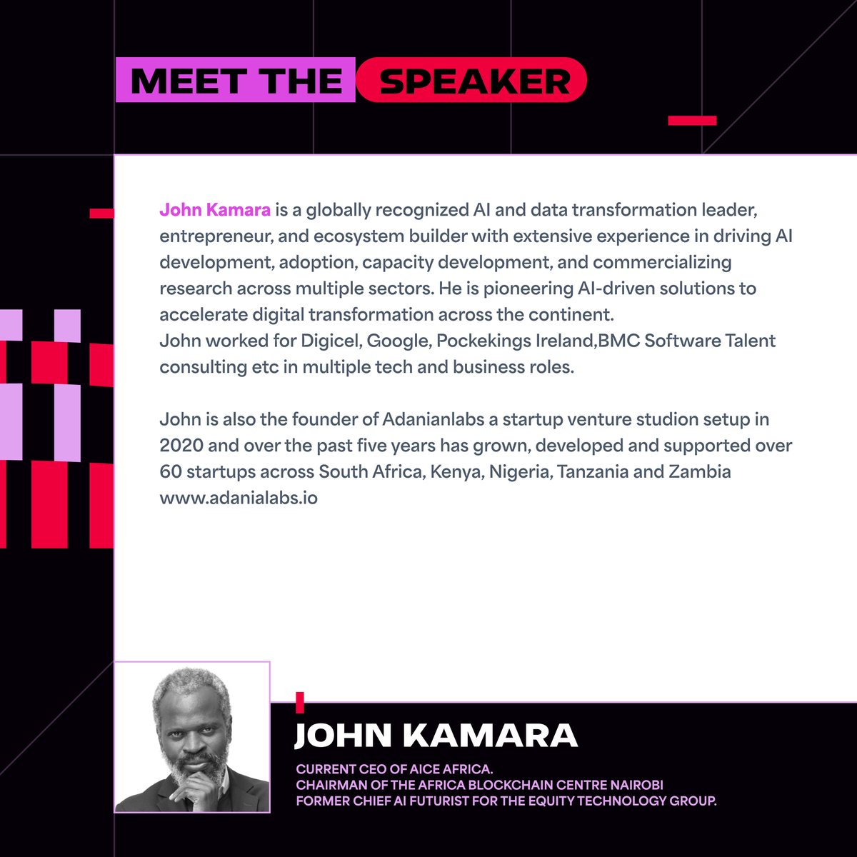 africablockfest's tweet photo. John Kamara (@kamara_john), CEO of AICE Africa (  @AiCEAfrica ), Chairman of the Africa Blockchain Centre Nairobi (@theabc_africa) and former Chief AI Futurist at the Equity Technology Group, takes the spotlight at Africa Blockchain Festival 2026 x World Token Summit 4.0. 

A visionary in AI, blockchain and digital transformation, John joins a powerful lineup shaping conversations around Africa’s permanent digital economy.

📅 October 15–17, 2026
📍 Nairobi, Kenya

💬 Join our official WhatsApp Community for exclusive updates, networking opportunities, and event announcements: https://t.co/QLnededQ7e

#ABF2026 #AfricaBlockchainFestival #CapitalCodeContinuity #BlockchainAfrica #AI #Web3 #Nairobi