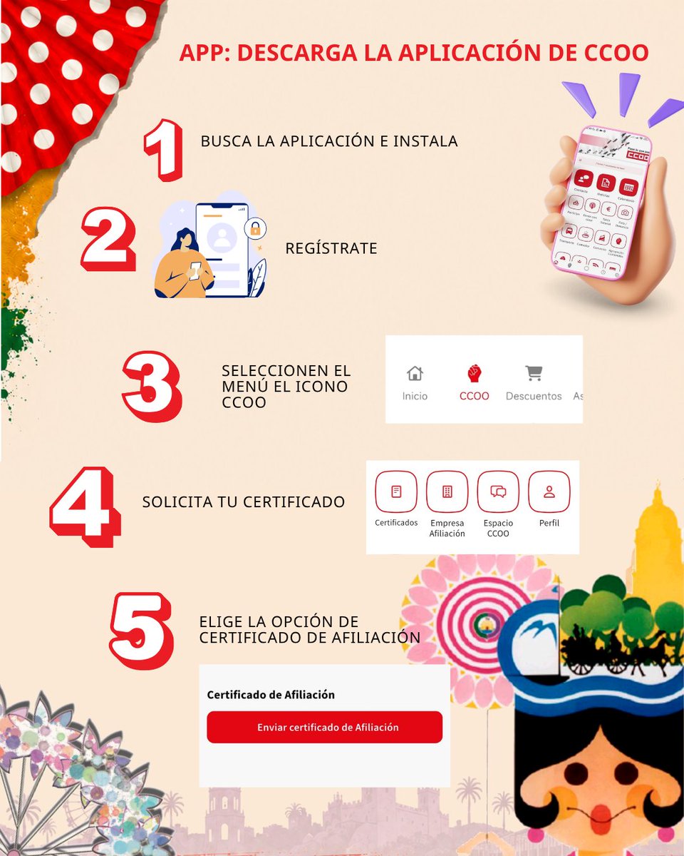 ccoomalaga's tweet photo. #CCOOMÁLAGAPROPONE

Te recordamos los pasos que tienes que seguir para disfrutar esta #feriademálaga2026 del 20% de descuento en la caseta de #CCOOMálaga 💃

 Solo tienes que conseguir el certificado de afiliación a #CCOO a través de nuestra web o app 👨‍💻

#FeriaMLG #FeriaMLG2026 https://t.co/PGyFIpi8m6