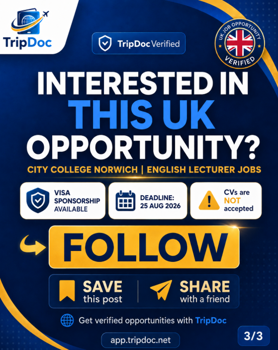 Triip_Doc's tweet photo. 🇬🇧 UK JOB ALERT: Visa Sponsorship Available

City College Norwich is hiring English Lecturers — and graduates may also be considered.

💷 £34,421–£41,074/year
✅ Skilled Worker visa sponsorship available
📌 Permanent roles
⏰ Deadline: 25 Aug 2026
⚠️ Important: CVs are NOT accepted. Apply through the official process.
Full verified details 👇
🔗 https://t.co/TZztFC1tFV
Save + share with an English graduate or teacher looking for opportunities in the UK.

#UKJobs #VisaSponsorship #TeachingJobs #SkilledWorkerVisa #JobsAbroad