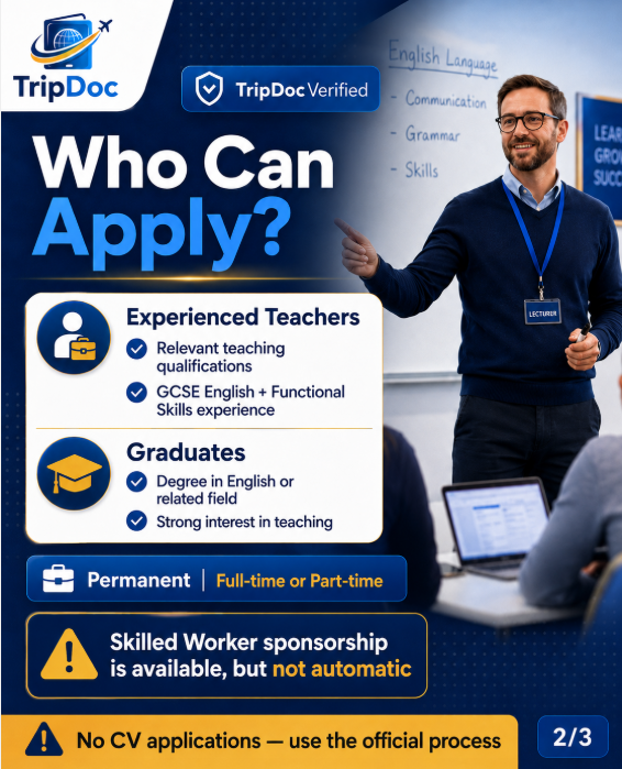 Triip_Doc's tweet photo. 🇬🇧 UK JOB ALERT: Visa Sponsorship Available

City College Norwich is hiring English Lecturers — and graduates may also be considered.

💷 £34,421–£41,074/year
✅ Skilled Worker visa sponsorship available
📌 Permanent roles
⏰ Deadline: 25 Aug 2026
⚠️ Important: CVs are NOT accepted. Apply through the official process.
Full verified details 👇
🔗 https://t.co/TZztFC1tFV
Save + share with an English graduate or teacher looking for opportunities in the UK.

#UKJobs #VisaSponsorship #TeachingJobs #SkilledWorkerVisa #JobsAbroad
