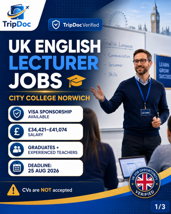 Triip_Doc's tweet photo. 🇬🇧 UK JOB ALERT: Visa Sponsorship Available

City College Norwich is hiring English Lecturers — and graduates may also be considered.

💷 £34,421–£41,074/year
✅ Skilled Worker visa sponsorship available
📌 Permanent roles
⏰ Deadline: 25 Aug 2026
⚠️ Important: CVs are NOT accepted. Apply through the official process.
Full verified details 👇
🔗 https://t.co/TZztFC1tFV
Save + share with an English graduate or teacher looking for opportunities in the UK.

#UKJobs #VisaSponsorship #TeachingJobs #SkilledWorkerVisa #JobsAbroad