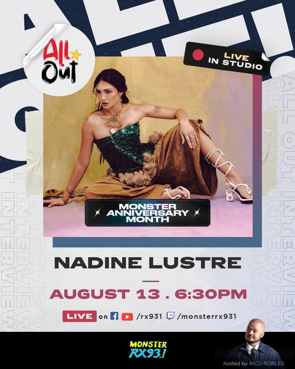 RX931's tweet photo. Ms. President is coming back to the Monster booth to celebrate the #MonsterAnniversaryMonth with a few surprises! 🎧 Nadine Lustre graces the #AllOut seat! ✨ A moment the Monsters would never want to miss! 🍃

Happening on-air and the #RX931 livestream channels. 📻 #IAmAMonster https://t.co/D6Go8KAsLA