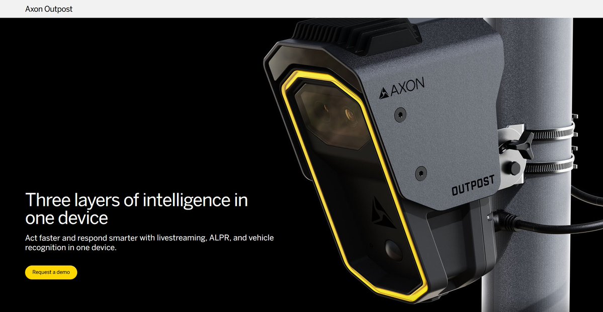 therealDeFlock's tweet photo. You know the Flock Falcon..now meet its Big Brother.

Axon Outpost - combines ALPR, livestreaming, and vehicle attribute recognition in one fixed device — going beyond just a hit to provide the full picture in real time.

https://t.co/fqsiR0hiiC

https://t.co/IIy2izAYf4

#Flock #AI