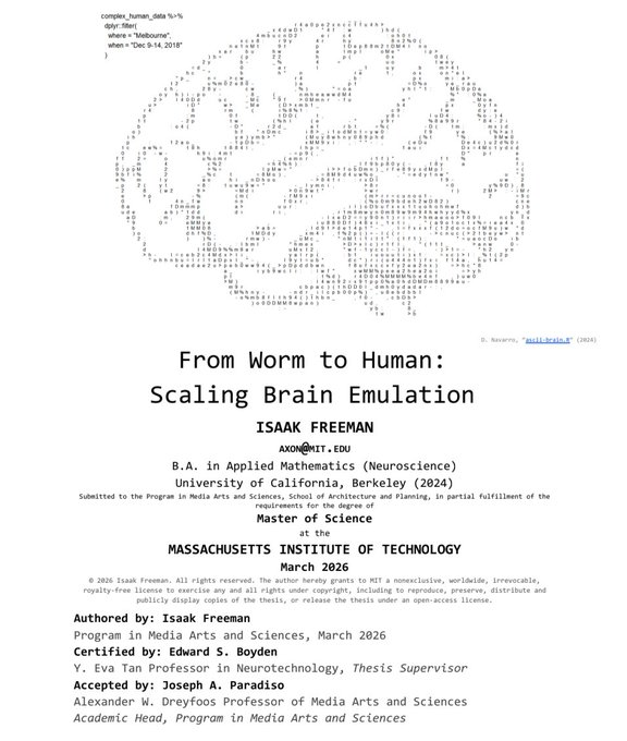 0x0SojalSec's tweet photo. MIT researcher drops out of his PhD. Then dropped a full roadmap to emulate a human brain on 50,000 H100s. 

He mapped the entire path: 302-neuron worm to 86-billion-neuron human
Connectomics cost is already $100 per neuron.
The only real blocker left is data acquisition.

Reason: AI is moving too fast.

His alternative? A concrete plan to run a full human brain on 50k H100s in under 10 years for $10B,
From C. elegans to digital humans the path is now an engineering problem, not science fiction.