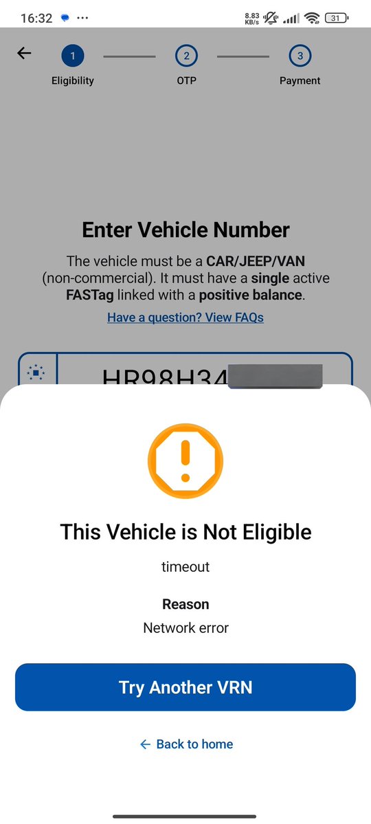 unscriptedmann's tweet photo. Dear @NHAI_Official my private car is showing ineligible while booking annual pass of 3075. It has a positive balance but still showing this issue. Please help. https://t.co/snM8KZkTWP