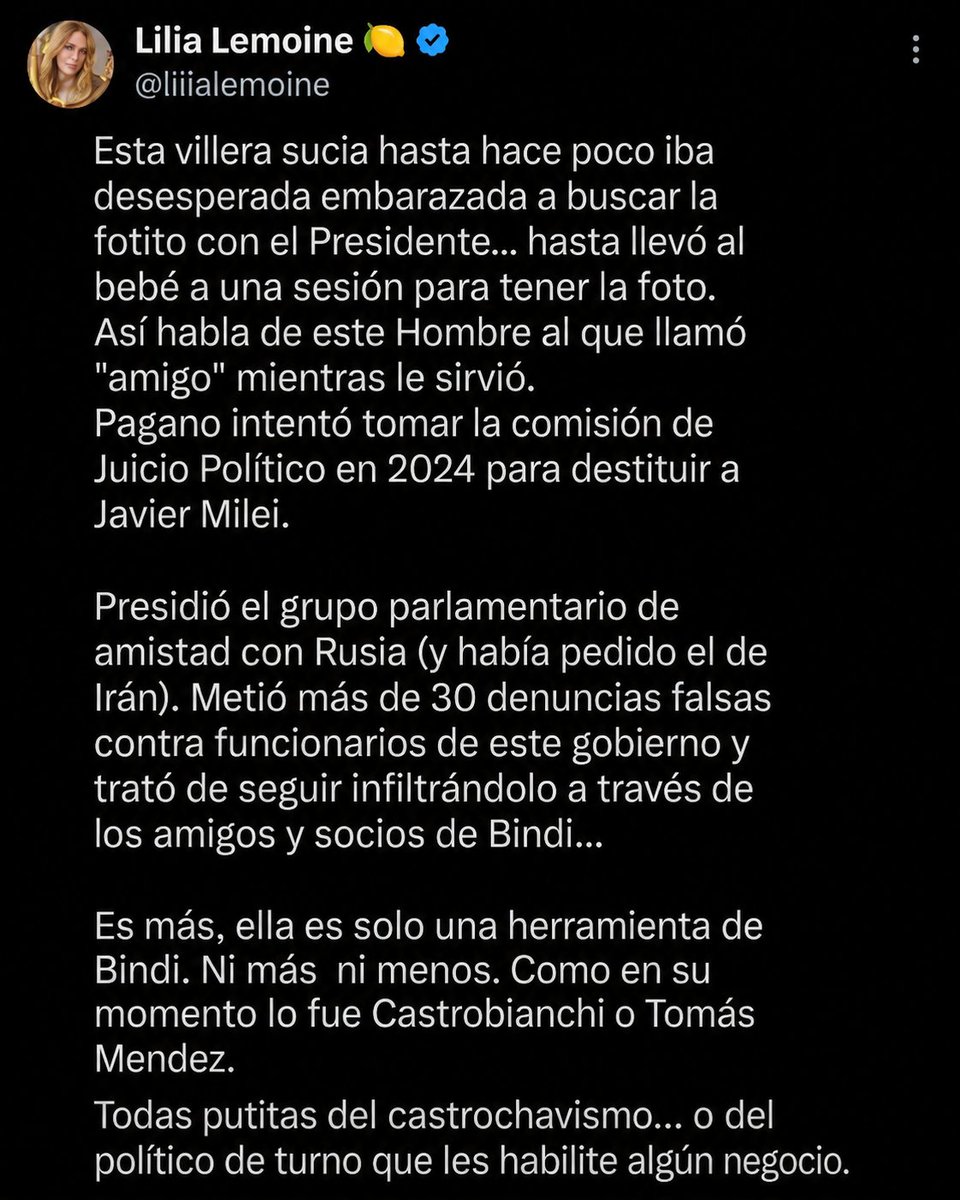 danhaggok's tweet photo. LEMOINE. CUANDO EL INSULTO REVELA SU VERDADERO ROSTRO.

Lo que @lilialemoine acaba de publicar contra @Marcelampagano es de una gravedad que no puede ni debe ser naturalizada.

Llamar “villera sucia” a una mujer para degradarla políticamente no es una crítica. No es una diferencia ideológica. Tampoco una chicana.

Es desprecio social. Es clasismo. Es discriminación.

Y hay algo todavía más grave: quien utiliza semejante expresión no es una persona anónima detrás de una cuenta de redes sociales. Lilia Lemoine es diputada nacional de la República Argentina.

Una banca en el Congreso debería representar la defensa de la dignidad y los derechos de todos los ciudadanos, no convertirse en una plataforma desde la cual se desprecia a una persona por su supuesto origen social, por el lugar donde vive o por su condición económica.

Pero Lemoine no se detuvo allí. También utilizó la expresión “putitas del castrochavismo” para referirse a mujeres con las que mantiene diferencias políticas.

¿Desde cuándo la condición social, el género o la pertenencia política de una persona se convirtieron en argumentos para humillarla?

Se puede destruir una idea sin destruir a quien la sostiene. Se puede combatir una posición política sin denigrar al adversario. Y se puede ser absolutamente implacable en una discusión sin caer en la bajeza de convertir la pobreza, el origen social o el género en motivo de estigmatización.

Lo de Lilia Lemoine no es simplemente una cuestión de malos modales.

Es una muestra preocupante de cómo el odio, el clasismo y la descalificación personal pueden terminar ocupando el lugar que debería ocupar el debate político.

Y cuando eso ocurre desde una banca del Congreso, la cuestión deja de ser privada.

Porque ninguna persona debería sentirse inferior por vivir en una villa. Ninguna mujer debería ser degradada mediante insultos de contenido sexual por pensar diferente. Y ningún diputado debería creer que su investidura le otorga licencia para hacerlo.

La pobreza, vivir en una villa o pensar diferente no son una vergüenza. La verdadera vergüenza es utilizar cualquiera de esas condiciones para pretender humillar a otro ser humano desde una banca de la Nación.

Súmate a nuestro canal de WhatsApp, clicando aquí: 👇
https://t.co/3eHLu2ZA30

#Clasismo #LiliaLemoine #MarcelaPagano #Discriminación #Congreso