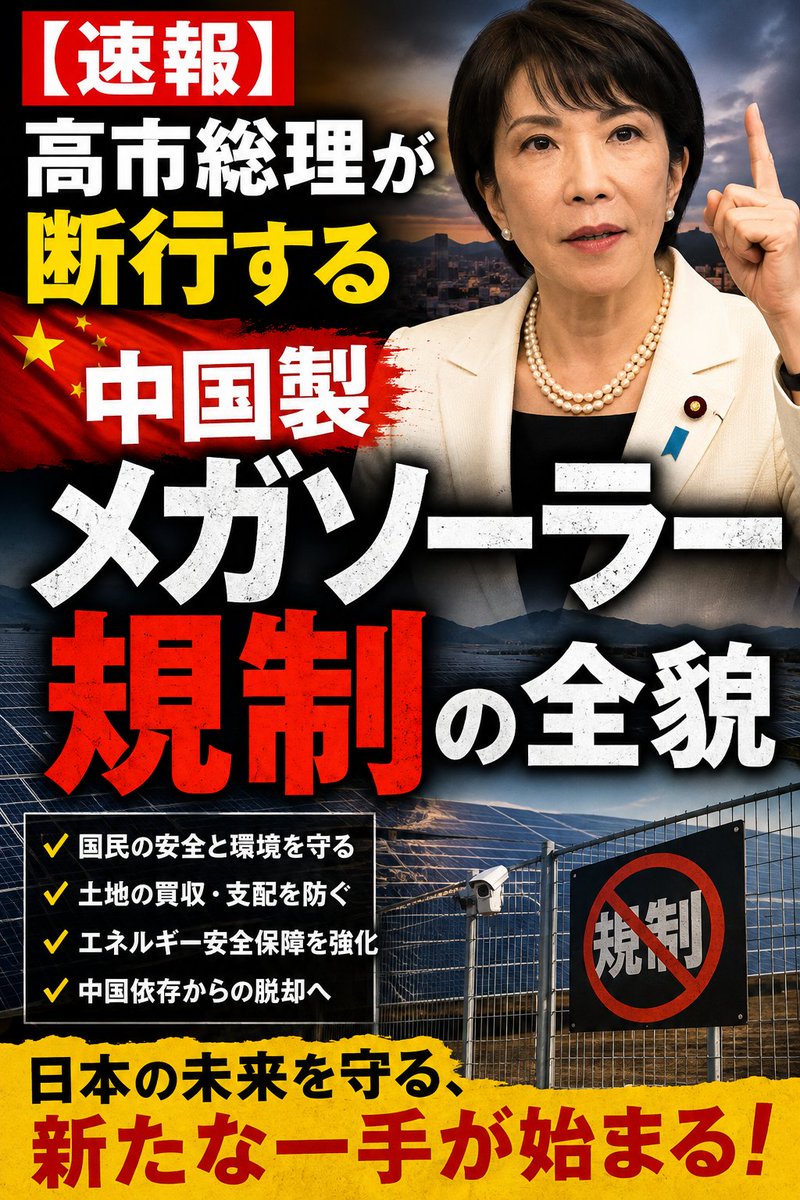 tetsuya_00x's tweet photo. 高市総理が断行する中国製メガソーラー規制の衝撃！

8月11日、「山の日」に発信された高市総理のSNS投稿が、日本中に大きな衝撃と感動を呼び起こしました。

「美しい国土が外国製パネルで埋め尽くされることに反対する」という総理の言葉は、単なる政策表明を超えて、日本の主権を取り戻すための力強い決意表明と受けとめることができます。

これまで、私たちの先祖が守り抜いてきた美しい山河が、環境破壊してでもメガソーラーで一儲けしようとする利益至上主義の業者によって切り刻まれていく姿に、多くの国民が悲嘆に暮れながら見つめてきました。

同じ思いを共有していた高市総理は、この現状を環境破壊だけではなく、「エネルギー安全保障上の脆弱性」と断じ、不適切なメガソーラーの増殖に終止符を打つべく、かつてない強硬な姿勢で挑んでいます。

これは、特定の国に依存せず、自らの力で国土とエネルギーを守り抜くという、高市政権の強い覚悟の表れもあります。

今、まさに断行されている「高市流・メガソーラー規制」の全貌を、経済安全保障の視点から分析していきましょう。

1．「野放し」の時代は終わった：メガソーラー対策パッケージの全貌

2025年12月、高市総理の強力なリーダーシップのもとで策定された「メガソーラー対策パッケージ」は、まさに不適切業者への「鉄槌」とも言えるものです。

これまで「再エネ推進」の名のもとに許されてきた、地域住民を無視した乱開発は、このパッケージによってほぼ完全に遮断されることでしょう。

2027年4月からは、2万キロワット以上の大規模事業に対して、生態系や景観を厳格に守るための「環境アセスメント」が大幅に強化されます。

さらに注目すべきは、現場の最前線で監視を強める「再エネGメン」の存在であり、彼らは法令違反を見逃さない「国土の番人」として機能します。

地域との共生を軽視し、海外勢を中心に日本の土地を食い物にする業者には、もはや一歩の猶予も与えられない時代が到来したのです。

この規制は、安全を二の次にしてきた過去の歪んだ政策を正し、真の安全を確保するための第一歩と言うべきでしょう。

2．国民の命を守る：電気事業法改正による安全性強化

高市政権の真骨頂は、災害リスクへの対応を単なるコストではなく「危機管理投資」と位置づけている点にあります。

2026年7月に成立した改正電気事業法は、これまで野放しにされてきた太陽光発電施設の安全基準を、法的に根底から覆しました。

今後は第三者機関による厳格な構造確認が義務化され、強風でパネルが飛散するような危険な施設は、市場から容赦なく淘汰されます。

「国民の命と財産を何よりも優先する」という高市総理の揺るぎない信念が、この法改正の背後には流れています。

激甚化する自然災害に対し、脆弱な外国製パネルが国民の脅威となる現状を打破することは、政治の最も重要な責務です。

安全性を確保する一方で、高市総理の視線は、不透明な資金の流出という「経済の病根」にも向けられています。

3．国富の流出を止める：再エネ優遇制度の抜本的見直し

2027年度以降、地上設置型の事業用太陽光に対する新規の公的支援が廃止されることは、まさに歴史的な英断といえます。

現在、世界の太陽光パネル市場の約8割を中国が占めており、日本の再エネ支援金が事実上の「国富の流出」となっている現実は到底看過できません。

高市総理はこの構造が、日本のエネルギー供給を特定国に委ねる「安全保障上のアキレス腱」であることを鋭く見抜きました。

この支援廃止は、依存体質から脱却し、日本の税金を日本の未来のために使うという「高市ドクトリン」の実践です。

今後は、景観を損なわない「屋根設置型」や地域共生型への支援にシフトすることで、環境と経済の両立を現実的なものにします。

特定の国の利益のために日本の山河を差し出す時代は終わり、私たちは自らの足で立つための技術を手にしています。

4．逆襲の国産技術：ペロブスカイト太陽電池への期待

特定国への依存という鎖を断ち切る「最大の切り札」こそが、日本発の技術であるペロブスカイト太陽電池です。

この次世代電池は、日本が世界トップクラスの生産量を誇る「ヨウ素」を主原料としており、完全な純国産エネルギーを実現します。

従来の重くて割れやすい外国製パネルに対し、薄くて軽く、フレキシブルに曲がるこの技術は、日本の都市部や建物の壁面を巨大な発電所に変貌させます。

高市政権はこの分野へ集中的な「成長投資」を行い、資源に乏しい日本を「エネルギー資源国」へと押し上げようとしています。

国内資源を最大限に活用し、自国で技術を育てることこそが、経済安全保障を盤石にする極めて重要な道なのです。

こうした最先端技術への投資が結実したとき、日本のエネルギー風景は文字通り「一新」されることになるでしょう。

5．おわりに：高市総理と共に創る、強く美しい日本

高市総理が断行する一連のメガソーラー規制は、日本の誇りと主権を取り戻すためにも欠かすことができない重大な政策です。

「環境保護」を隠れ蓑にした売国的な事業を根絶し、真に持続可能で、かつ強い日本を創るための道筋がここに示されました。

私たちは、安価な、しかし安全保障上極めて危うい外国製品に頼るのではなく、自国の技術と意志で築く、盤石な未来を選び取らなければなりません。

不適切な事業には峻厳な姿勢で臨み、未来の国産技術には力強い応援の手を差し伸べる。

この極めて理にかなった、愛国心に溢れる高市政策こそが、次世代に「強く豊かで美しい日本」を届ける唯一の希望の光と言えるでしょう。

高市早苗総理と共に、私たちは日本の誇り高き山河を守り抜き、国益を最大化し、堂々たる独立国家としての歩みを進めていきましょう。