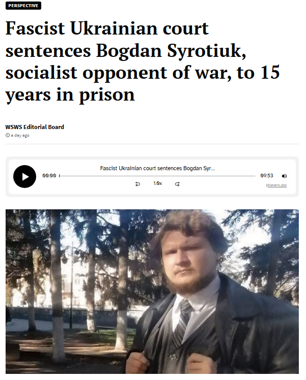HavryshkoMarta's tweet photo. Political repressions in Ukraine under Zelensky
----
Bogdan has been sentenced to 15 years in prison for six articles.

What was the subversive content? According to the court, the articles contained “non-recognition of Ukraine’s legitimately elected political leadership and democratic processes,” “comparisons with fascists and Nazis,” “negative assessments of Ukraine’s Armed Forces” and “reinterpretation of national heroes and historical figures.”

As for the “national heroes” whom Bogdan is accused of “reinterpreting,” they are Stepan Bandera and the leaders of the OUN (Organization of Ukrainian Nationalists) and the Waffen-SS Galicia Division—Nazi collaborators who supported Hitler’s invasion of the Soviet Union in 1941 and were implicated in the mass murder of Jews and Poles. The court’s complaint about “comparisons with fascists and Nazis” refers to Bogdan’s exposure of the official rehabilitation and celebration of these forces.