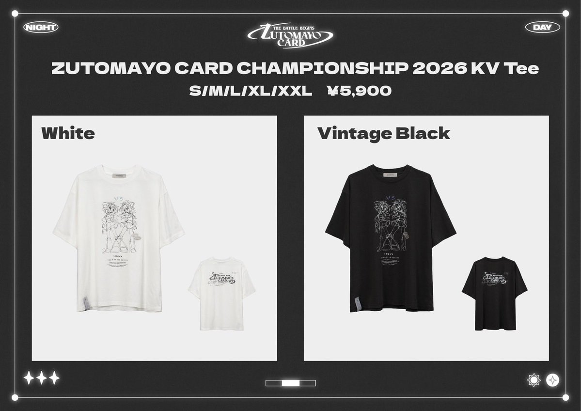 zutomayo_staff's tweet photo. 【#ズトカ】8/16（日）開催
「ZUTOMAYO CARD CHAMPIONSHIP 2026」
限定商品などを初公開

KVのイラストにもなっている昼にらちゃんと夜にらちゃんのTシャツや、缶バッジをご用意しています

大会エントリーも受付中
イベント来場チケットも販売中です
https://t.co/ykS8JtoVEa https://t.co/TLD4rddEKU