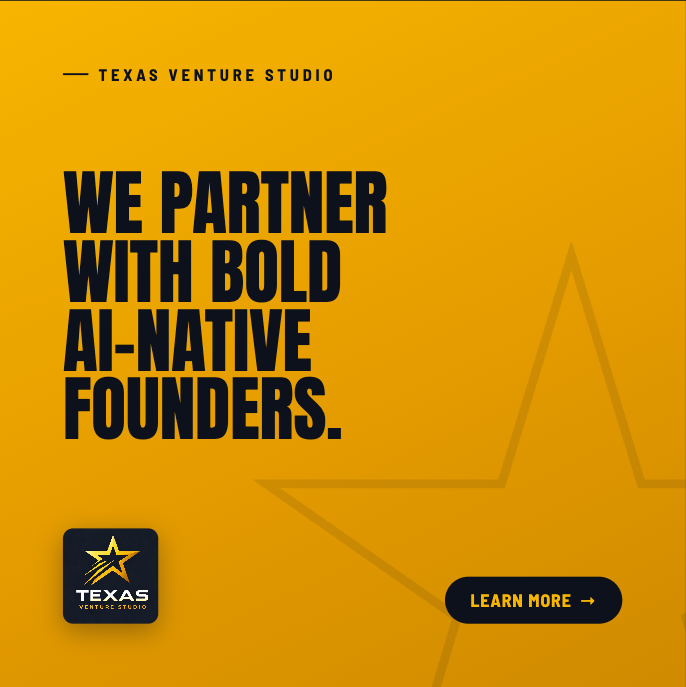 TxVentureStudio's tweet photo. Setting impossible goals is how AI startups scale.

Texas Venture Studio helps bold founders turn AI-native ideas into products that reach product-market fit and scale.

DM us.

#AIVentureStudio #TexasStartups #AINative https://t.co/YuW1EHL6h6