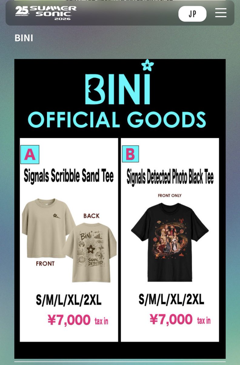 TEAMBLOOMPH's tweet photo. BLOOMS IN JAPAN, IT’S MERCH TIME! 🇯🇵🌸

BINI’s official goods for SUMMER SONIC 2026 are here! 💙

✨ Signals Scribble Sand Tee — ¥7,000
✨ Signals Detected Photo Black Tee — ¥7,000

Which one are you taking home? 👀

#BINIxSummerSonic2026
#SummerSonic #サマソニ
#BINIMatsuri #BINI @BINI_ph