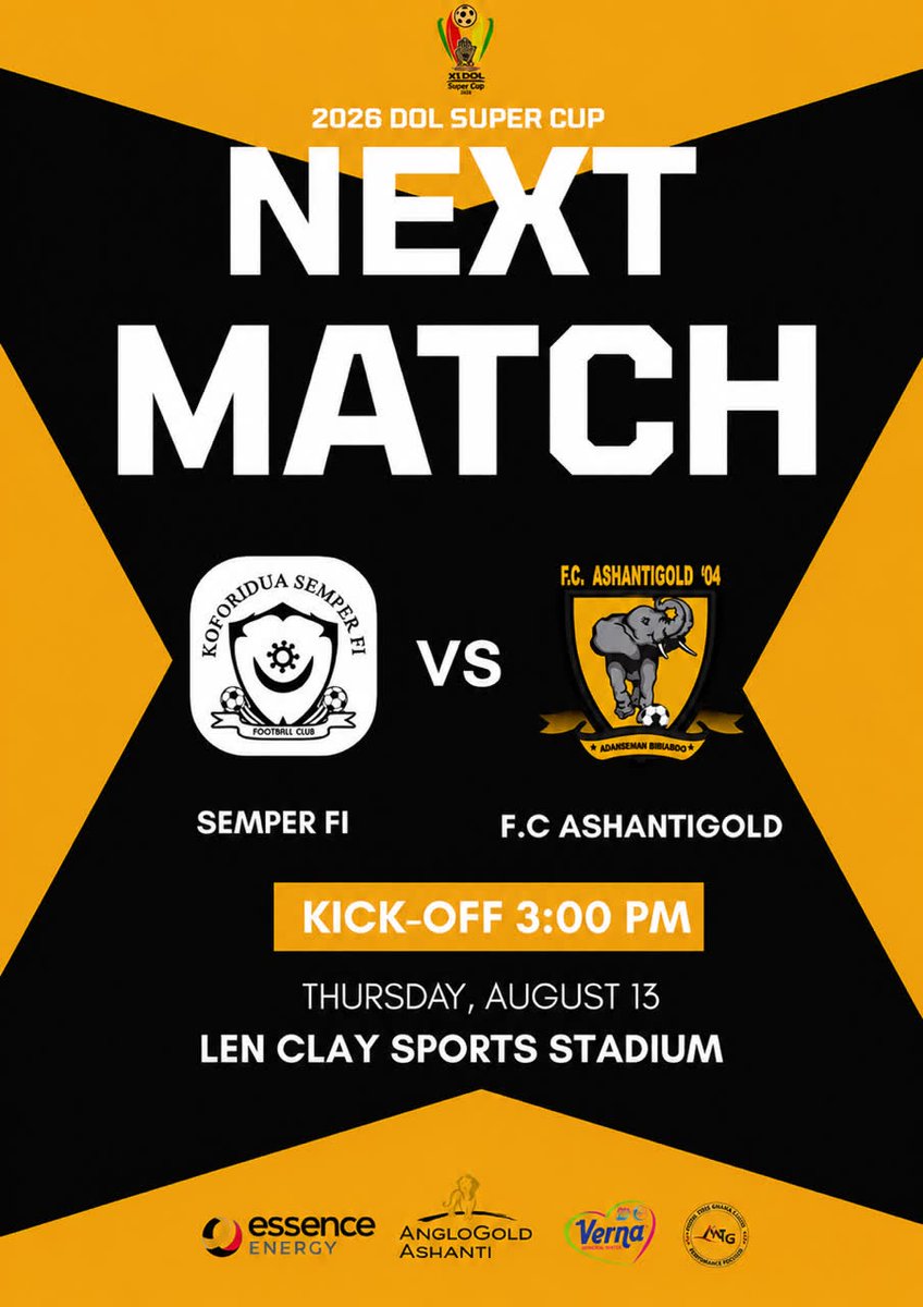 fcashantigold04's tweet photo. NEXT MATCH! 🏆⚽💛🖤

FC Ashantigold face Semper Fi in the 2026 DOL Super Cup! 🔥

📅 Thursday, August 13
⏰ Kick-off: 3:00 PM
📍 Len Clay Sports Stadium

Come support the Miners! 💛🖤

FC Ashantigold vs Semper Fi
🏆 2026 DOL Super Cup https://t.co/Eipvni6yot
