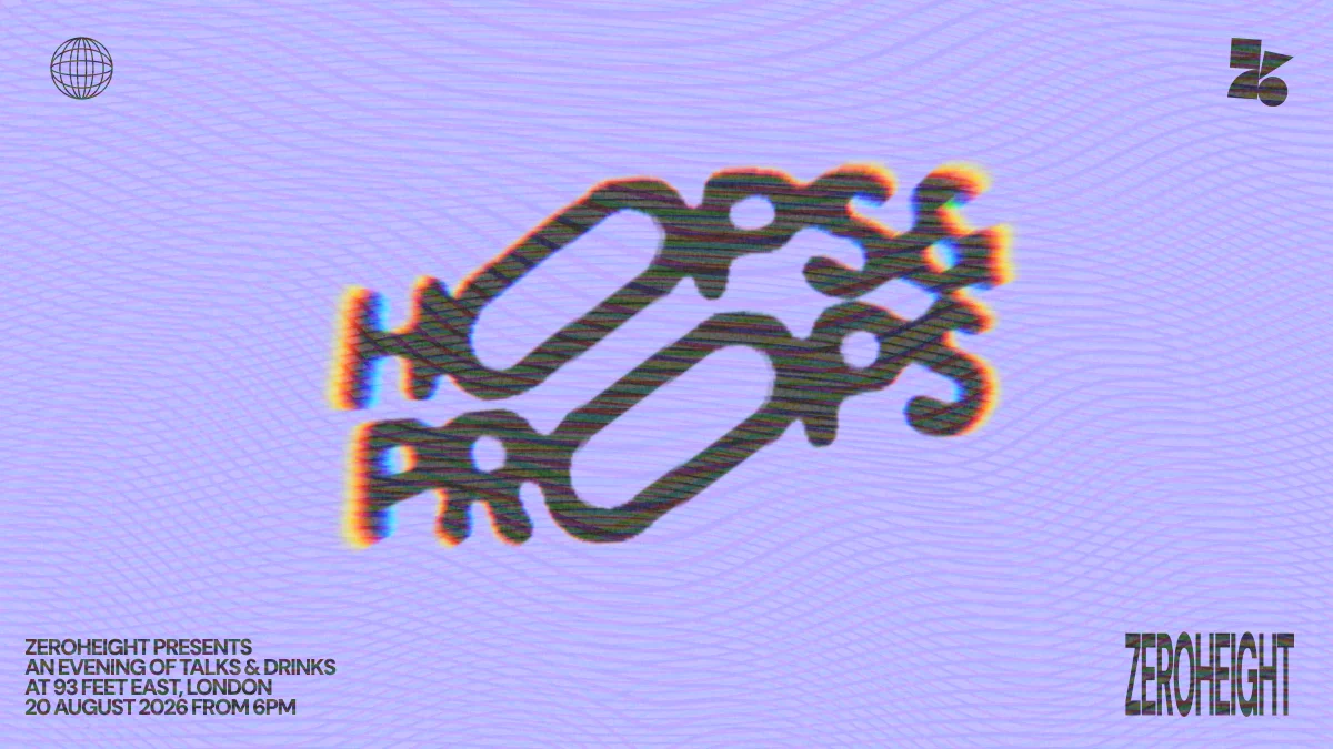 Event graphic on a lilac moiré background with distorted, glitch-effect chromatic-aberration lettering reading "Hops & Props" at an angle across the centre. A globe icon and the zeroheight logo sit top left and top right. Bottom left text reads "zeroheight presents an evening of talks & drinks at 93 Feet East, London, 20 August 2026 from 6pm," with a large "zeroheight" wordmark bottom right in the same glitch style.
