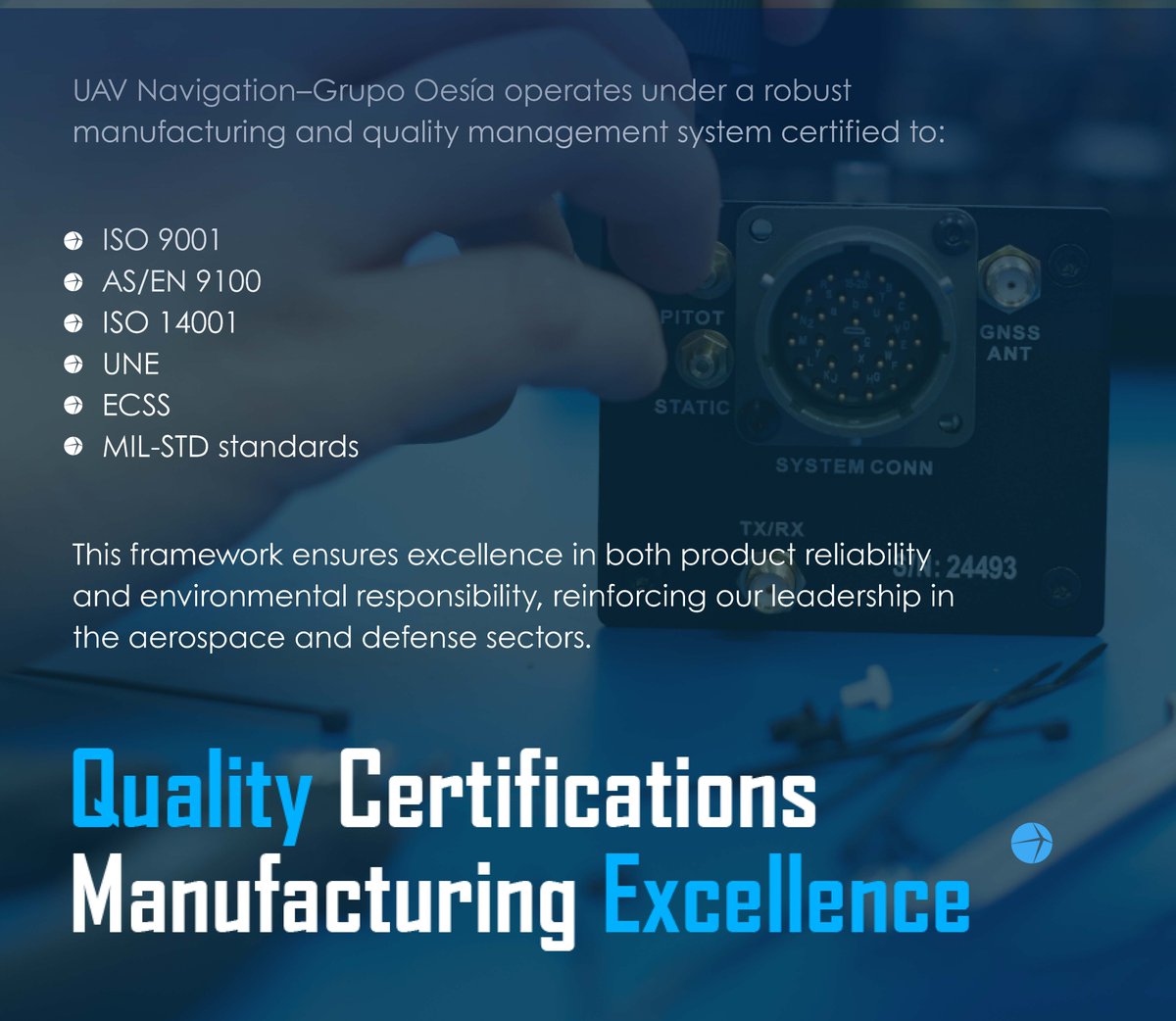 UAVNavigation's tweet photo. At UAV Navigation–Grupo Oesía, we are ready to scale. Our industrial capabilities are built to deliver high-volume orders on time, even under the most demanding schedules.

Multiple manufacturing facilities ensure consistent quality and fast, dependable delivery in every batch. https://t.co/7wCOf4hlHF