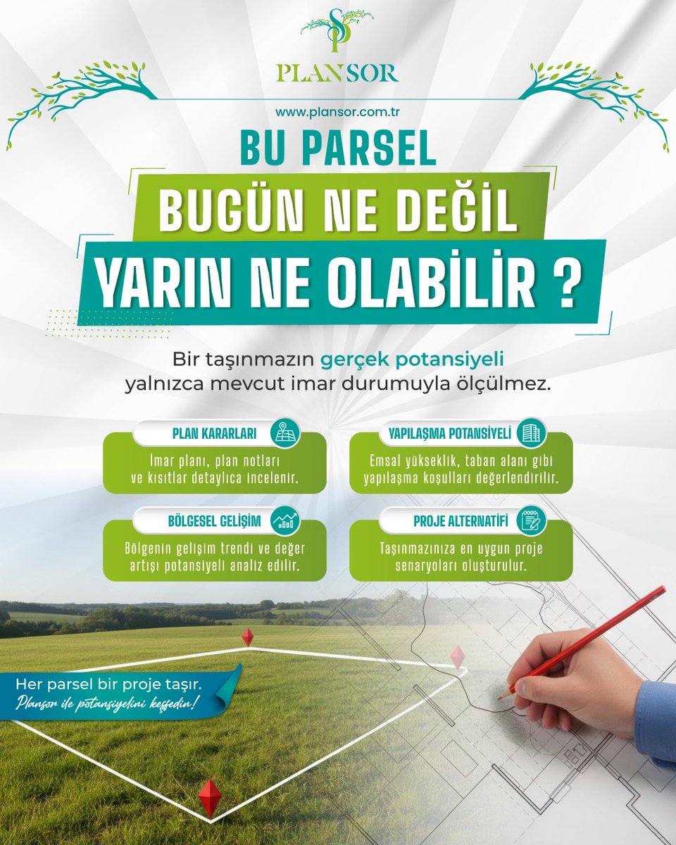 Plansor_com_tr's tweet photo. Bir parseli yalnızca bugünkü durumuyla değerlendirmeyin.

Plan kararları, yapılaşma koşulları, bölgesel gelişim ve uygulanabilir proje alternatifleri; taşınmazınızın gerçek potansiyelini ortaya çıkarabilir. https://t.co/BUETDFl1ot
