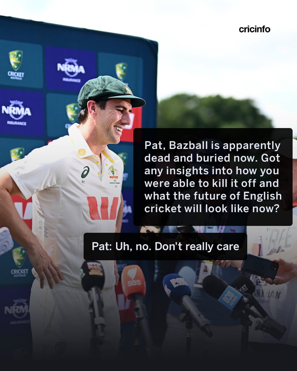 cricinfo's tweet photo. The Bazball post-mortem didn't quite interest Pat 😭 https://t.co/SY8cpfNJTy