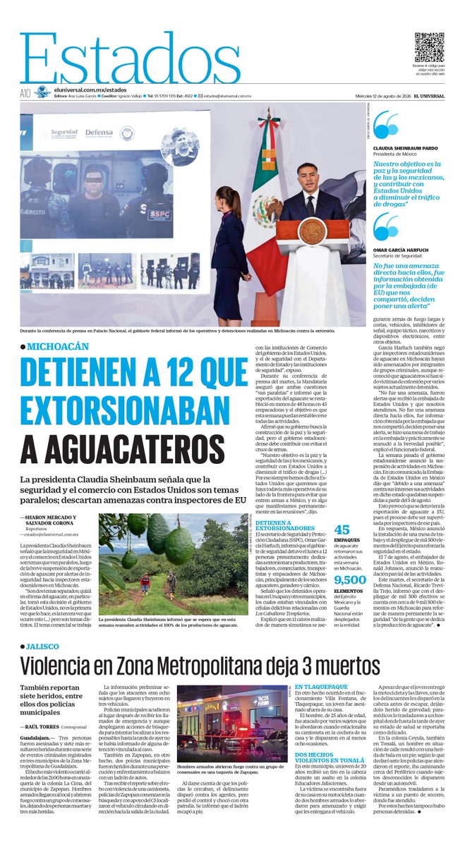 El_Universal_Mx's tweet photo. ¡Buenos días, lectores! Iniciamos la jornada informativa
con la portada de EL UNIVERSAL y sus secciones este 12 de agosto https://t.co/Z1NMhjlzXI https://t.co/F4WacM5xjf