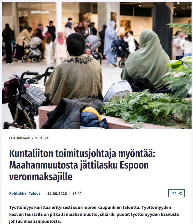 Samuli_Salminen's tweet photo. Nyt sen sanoo ääneen myös Kuntaliiton pomo: 
"– Espoossa on valtavan paljon maahanmuuttoa ja se aiheuttaa isoja kustannuksia [...]"

Espoon entinen kaupunginjohtaja sanoi saman jo 2019, ja nykyinen rahoitusjohtaja pitää Espoon kasvua kestämättömänä.

⬇️Espoon maahanmuuton tilastot