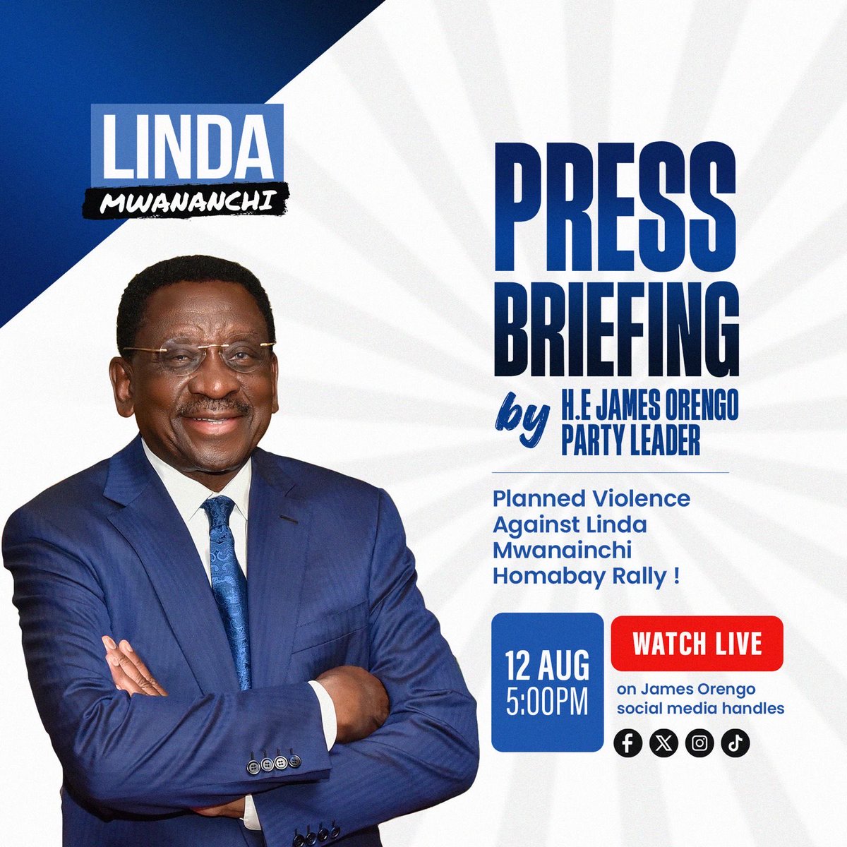 orengo_james's tweet photo. MEDIA INVITE

Wednesday August 12th, 2026
Press Briefing: Planned Violence Against Linda Mwanainchi Homabay Rally 

Time : 5pm https://t.co/6xxnKNwbMJ