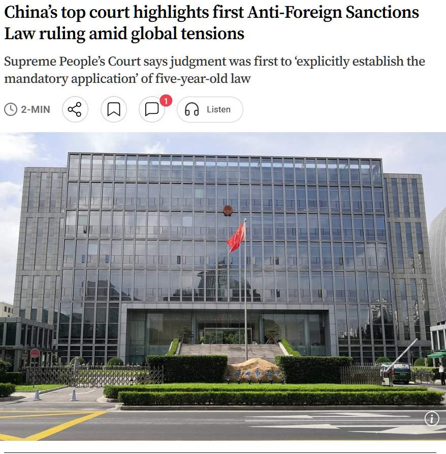 StarboySAR's tweet photo. The legal dam just broke 👍

🇨🇳 China's 2021 Anti-Foreign Sanctions Law was always a sword waiting to be drawn 

China's Supreme People's Court (SPC) just officially stamped the first ruling as a "representative case" mandatorily applying the Anti-Foreign Sanctions Law — and the message is surgical: "US sanctions are not a defense in our courts" — and every multinational with a China contract just felt the ground shift!

A Singaporean carrier refused to ship electronics from Shanghai to Panama because the Hong Kong client was on a US sanctions list. They returned the cargo. Caused losses. The Shanghai Maritime Court said: pay RMB 4.99M in damages. Article 12 of China's AFSL is an overriding mandatory provision — it doesn't matter what your contract says, what law you chose, or how scared you are of America's OFAC. If you help enforce foreign "discriminatory restrictions" against a Chinese party, you're liable. Full stop. No appeal filed. Judgment is final!

This isn't one case. This is precedent being set at the highest level. The SPC just told every lower court in the country: sanctions compliance is not a defense.

The geopolitical architecture here is the real story. Washington's entire sanctions toolkit relies on secondary sanctions — threatening third-country companies into compliance through fear. Beijing just flipped the board: comply with US sanctions in a Chinese jurisdiction, and YOU get sued. The "fear of OFAC" is no longer a shield. It's a liability!

For decades, Western especially U.S. sanctions were the gravity that global commerce orbited around. Companies and Banks built entire compliance departments around it. Sanctions clauses were automatic, unnegotiable, baked into every template.

Now there's a counter-gravity well. And it has teeth.

If you're a carrier, a bank, a supplier — you can't just flip the switch on a Chinese counterparty because Washington says so. Not if you have assets or operations in Greater China. Not if you ever want to litigate or do business there again.

The BLOWBACK is exquisite. The US built an entire extraterritorial enforcement regime on the premise that its domestic law has global reach — "long-arm jurisdiction," as the SPC itself called it. China is now deploying the same logic in reverse, but with actual statutory authority and now judicial precedent to back it.

We're watching the fragmentation of global commercial law and compliance in real time. Two competing legal gravity centers. No neutral ground

https://t.co/M3iqPWux6O