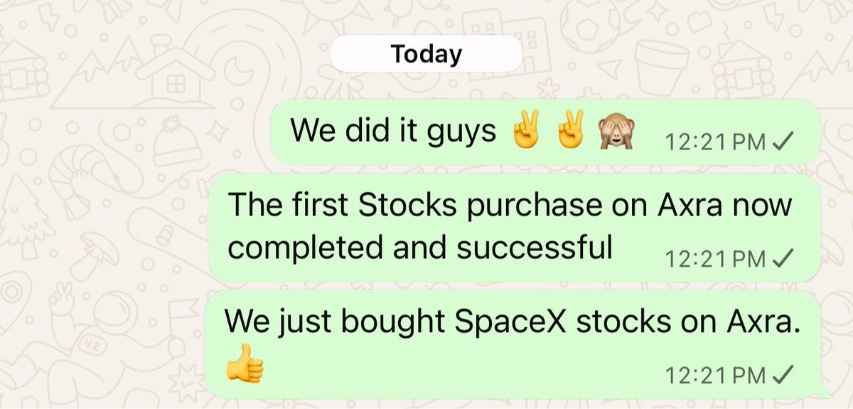 TheKingEls's tweet photo. BREAKING 🚨🚨🚨:

First on-chain stock purchase on Axra just went live with successful trading of $SPCX in seconds.

We’re bringing everything finance onchain and inchat https://t.co/WMpk5iEnPF through @useaxra https://t.co/r6LbO0M1TD