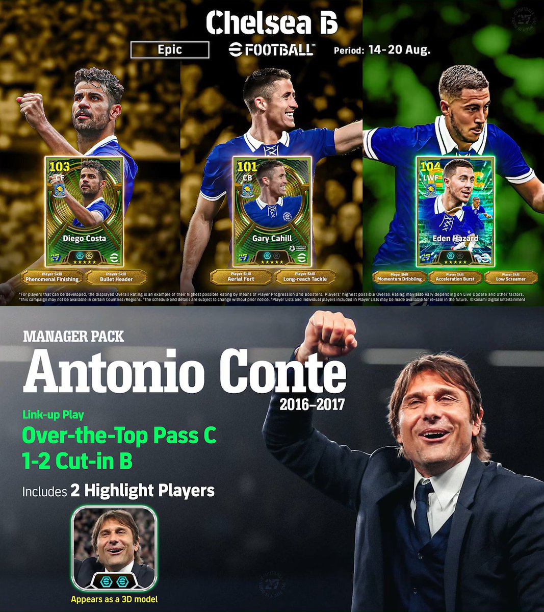 eFHUBx's tweet photo. 🇫🇷🏴󠁧󠁢󠁥󠁮󠁧󠁿 Diego Costa &amp; Gary Cahill are all set to make their eFootball™ Debut in an Epic Pack along with Eden Hazard, who comes with 3 Skill(s) !

🔵 30 games. 13 straight wins. One formation that broke the league.
🇮🇹 Antonio Conte : 2016–2017 [Manager Pack] https://t.co/PF1k6P4Cz6
