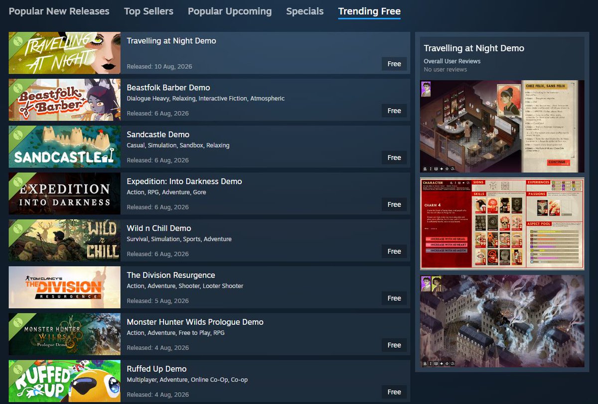 weatherfactory's tweet photo. Travelling At Night's demo is the #1 trending free game on Steam right now! I DON'T KNOW HOW BUT THAT'S AMAZING!

Thanks so much for everyone who's tried it! Aaaaaah

https://t.co/QnOiy61ndO https://t.co/u6TqR8fQBb