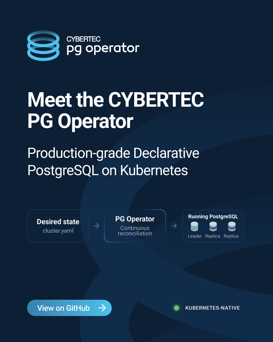 PostgresSupport's tweet photo. Running a database shouldn't need someone permanently on standby.

The CYBERTEC PG Operator handles setup, scaling, and recovery on its own. Open source, no lock-in, with PostgreSQL specialists behind it.

https://t.co/aqpBhOpEIo https://t.co/XJ08YAjXgH