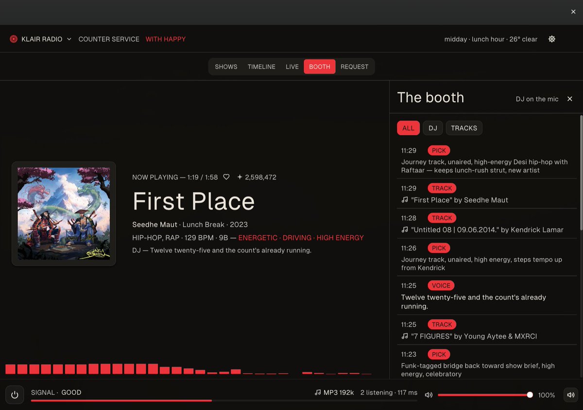 getsubwave's tweet photo. built a desktop app for SUB/WAVE 📻

tune into any station, watch what the AI DJ picks and why, send requests, close the window and it just keeps playing from the menu bar like a radio should.

native, no Electron, 3.2 MB on mac.

mac / windows / linux: https://t.co/E2jCaMoNOD https://t.co/jkCLAxyCag