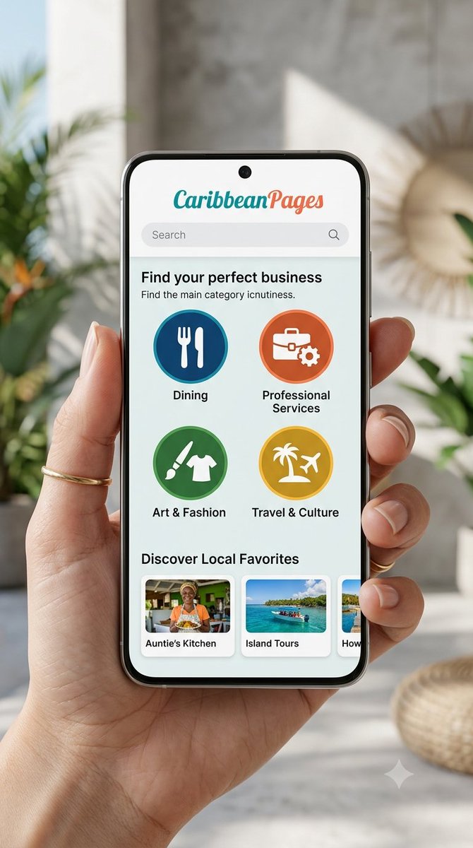 CaribbeanPages's tweet photo. Search. Connect. Support. 📱

From local caterers in New York or London to authentic artisans in Jamaica or Trinidad—CaribbeanPages brings the global Caribbean business community together in one simple app.

👉 Don’t forget to join our waitlist (link in bio). https://t.co/MNx2npjoZX