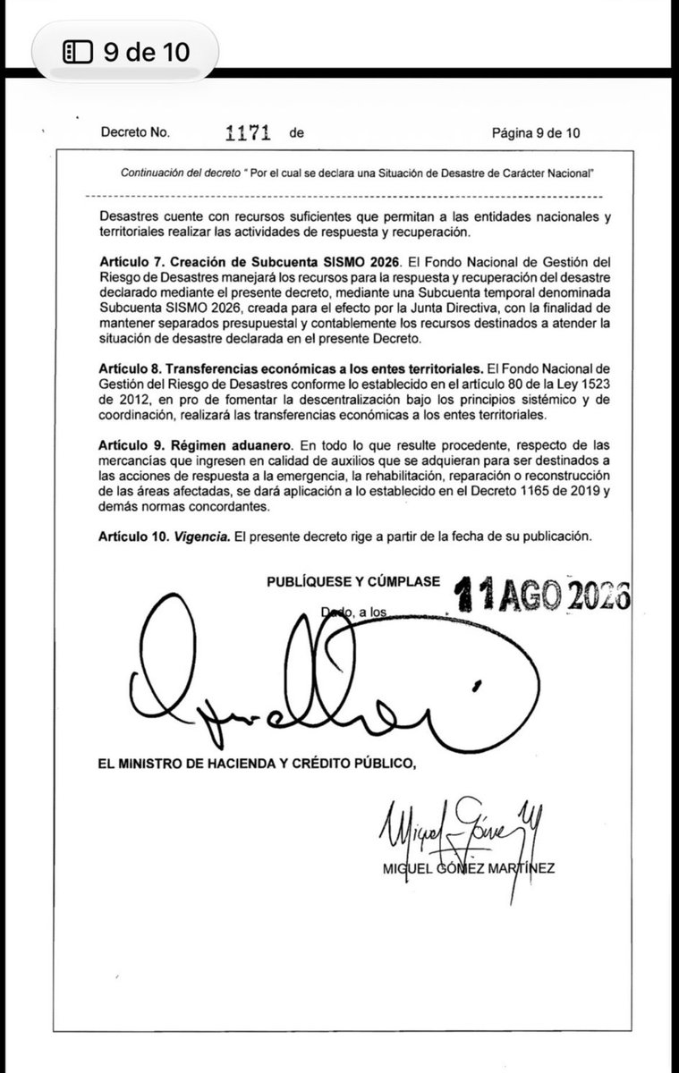 EmelRojasC's tweet photo. Este es el decreto 1171/26 mediante el cual el Gobierno Nacional declara la Situación de Desastre de Carácter Nacional en los 12 Departamentos del país más afectados por el terremoto. https://t.co/jsf5S1n3dN