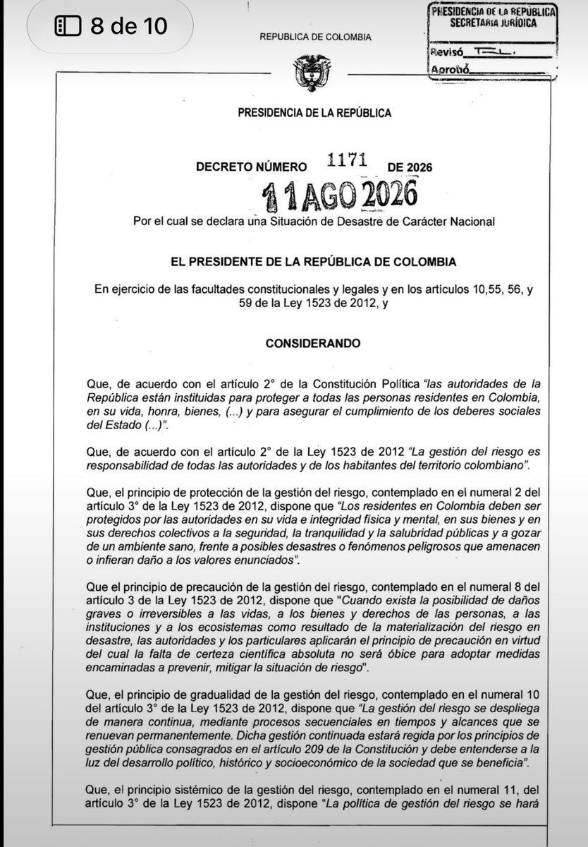EmelRojasC's tweet photo. Este es el decreto 1171/26 mediante el cual el Gobierno Nacional declara la Situación de Desastre de Carácter Nacional en los 12 Departamentos del país más afectados por el terremoto. https://t.co/jsf5S1n3dN