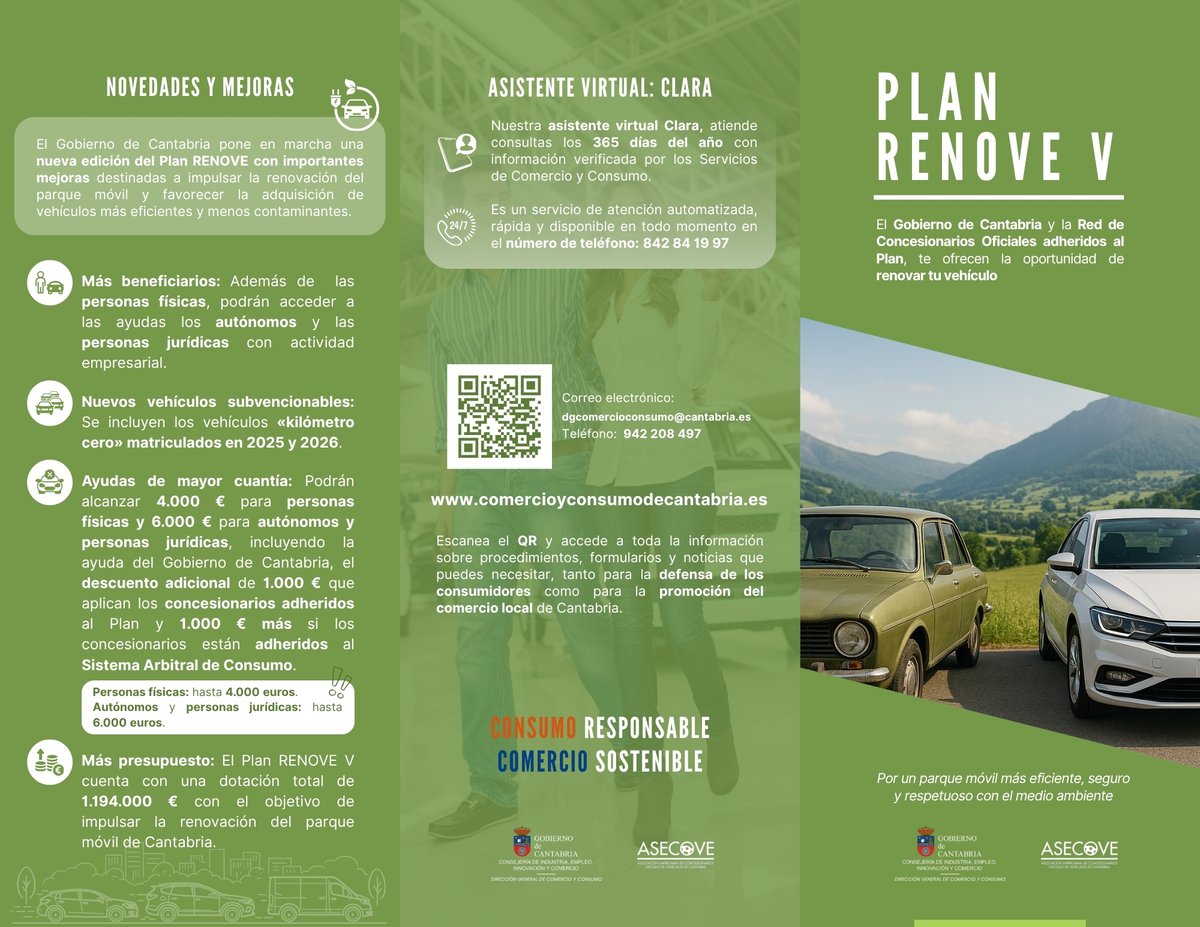 cyccantabria's tweet photo. 🚗♻️ ¡Llega el PLAN RENOVE V del Gobierno de Cantabria!

✅ Hasta 4.000 € de ayuda para particulares
✅ Hasta 6.000 € para autónomos y empresas
✅ Vehículos nuevos y km 0 matriculados en 2025 y 2026
✅ Sin necesidad de financiar
✅ Descuento aplicado directamente en factura https://t.co/gSfrDLLsts