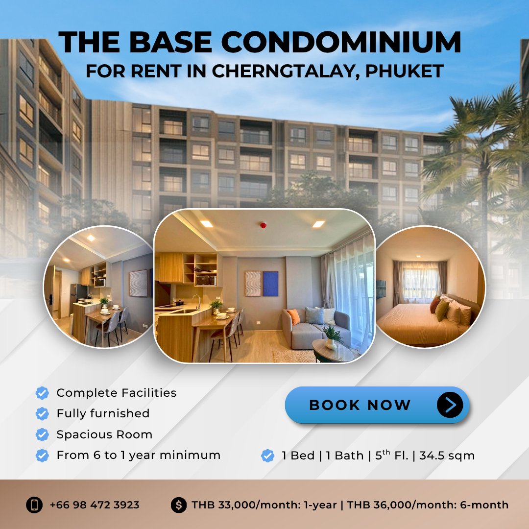 EclipseThailand's tweet photo. FOR RENT | The Base Cherngtalay
1 Bed | 1 Bath | 34.5 Sq.m.

From THB 33,000/month for 1-year lease.

Explore: https://t.co/NFuPrmE6BS
Location: https://t.co/Y43LWsUcpJ

DM us for details or a viewing.

#PhuketRental #PhuketRealEstate #BangTao #Cherngtalay #CondoForRent #Phuket https://t.co/6izc42G3ID