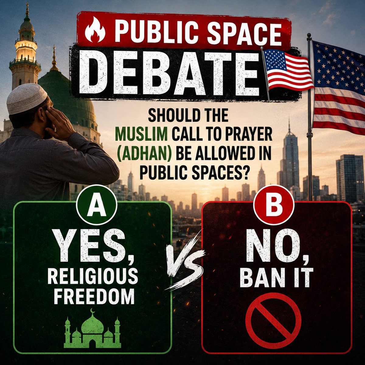 Wondersofworld0's tweet photo. 🔥 PUBLIC SPACE DEBATE 🇺🇸

Should the Muslim call to prayer (Adhan) be allowed in public spaces?

🅰️ YES — Religious freedom 🕌

🅱️ NO — Ban it 🚫 https://t.co/rdvDVVVShd