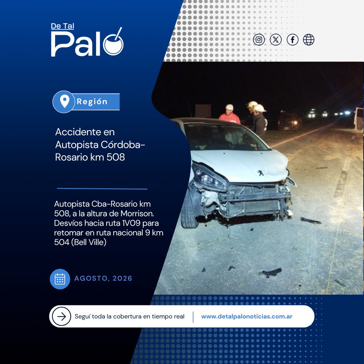 TalNoticias's tweet photo. Autopista Cba-Rosario km 508, a la altura de Morrison. Desvíos hacia ruta 1V09 para retomar en ruta nacional 9 km 504 (Bell Ville) https://t.co/bFOQCgiSeb