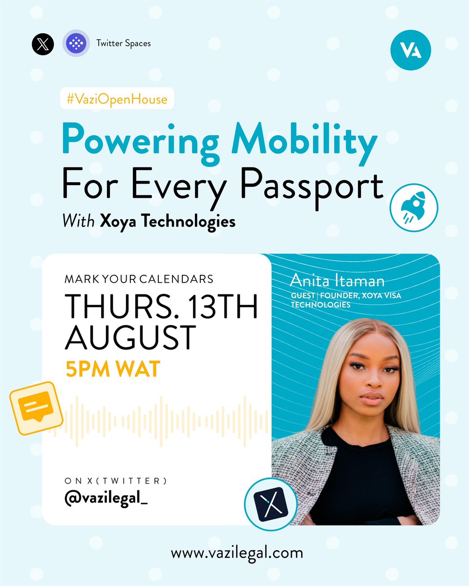 VaziLegal's tweet photo. Join us this Thursday for an insightful conversation on navigating Visa applications in 2026 and beyond!

We are excited to have the founder of @Xoyavisa to discuss the topic: Powering mobility for every passport.

🔗https://t.co/9ro6duSTEy https://t.co/cAPOEo0Ign