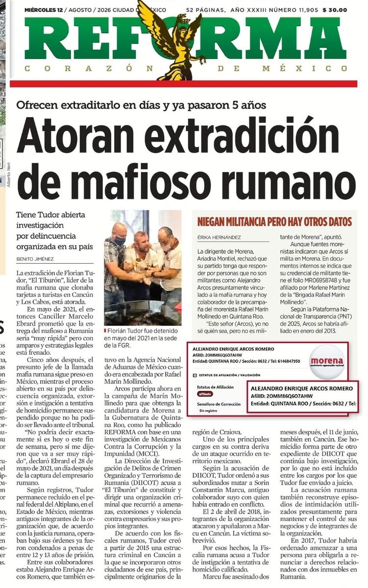 Melissa_Bely's tweet photo. 🚨 ESCÁNDALO

Un líder de la mafia rumana clonaba tarjetas en Cancún.

Dijeron que lo iban a extraditar...
¡ y ya pasaron 5 años !

¿Y que creen? 

¡ Uno de sus colaboradores está afiliado a Morena !

Ariadna Montiel negó que Arcos milite en Morena. 

La Plataforma Nacional de Transparencia dice lo contrario...
¡ está afiliado desde enero de 2013 !

Arcos está vinculado a la mafia rumana de "El Tiburón" y colabora con la campaña de Marín Mollinedo. 

Negar no borra el registro.