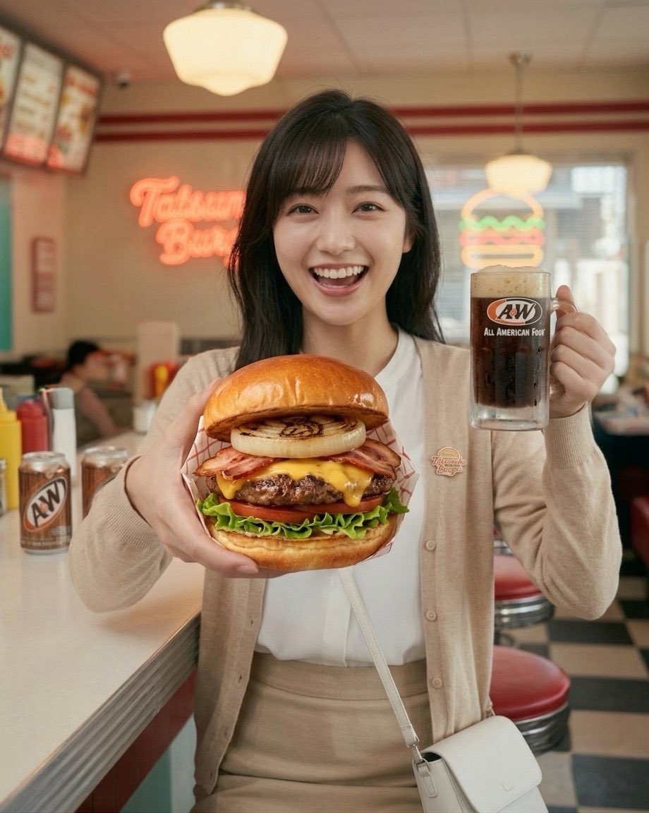 ryuto_shobo's tweet photo. 第6回 タツノコバーガー

コピーライター・高橋莉華が向かったのは、国道沿いの「タツノコバーガー」。

米軍基地のハンバーガーとホットドッグを再現。
「おいしい！　けど、デカすぎません？」
カメラマンに食べてもらいました。
ルートビアはビアといってもノンアル。不思議な味。
(撮影:相沢冠) https://t.co/YZs156AJ4X