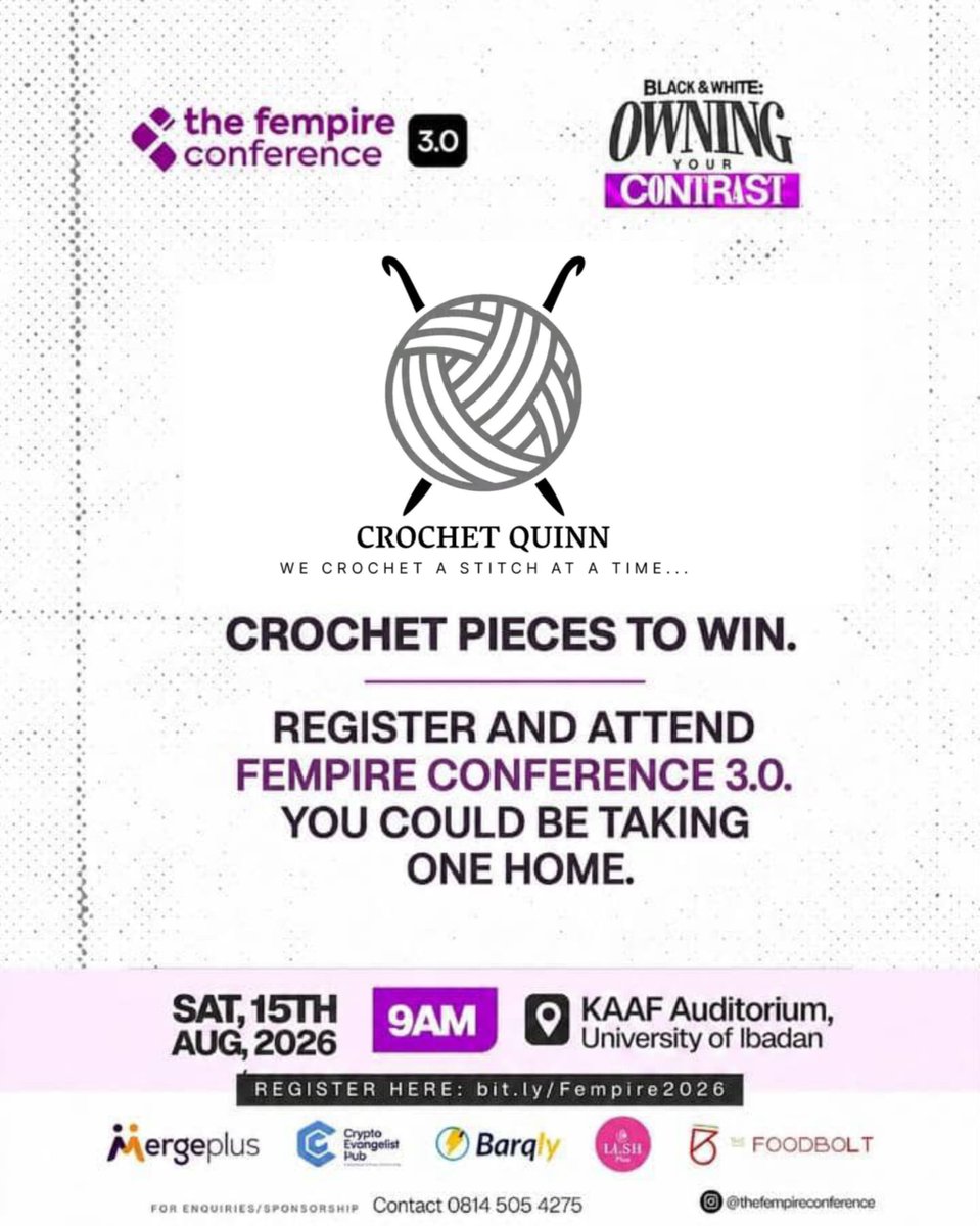 Fempireconf's tweet photo. Who doesn’t love a little giveaway? 🌚

Crochet Quinn @crochetquinn_ is bringing crochet pieces to Fempire Conference 3.0, and you could be taking one home! 🤭

All you have to do is register, show up, and maybeeee, luck will be on your side.🌚 https://t.co/zzRoGtQRi6