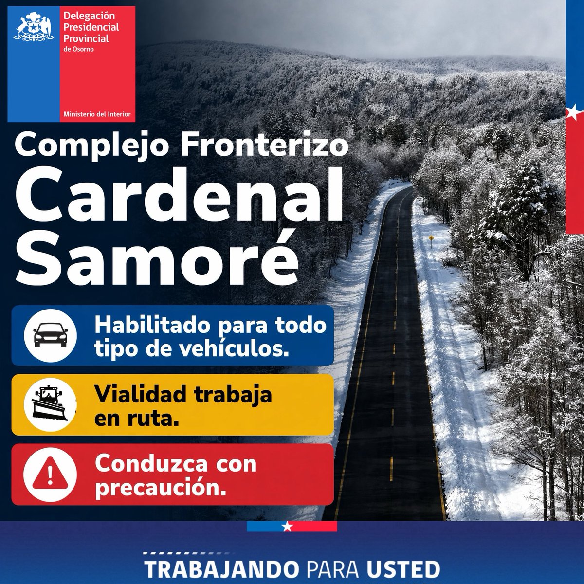 CFSamore's tweet photo. @CFSamore se encuentra HABILITADO ✅️ para vehículos, con porte obligatorio de cadenas a contar de las 0️⃣8️⃣ hrs.

📍Vialidad 🇨🇱 trabajando en ruta
Atención usuarios hasta las 1️⃣8️⃣ horas.

@UPFronterizos @DPPOsorno @TTILosLagos @DPRLosLagos https://t.co/DTPsyCxcSk