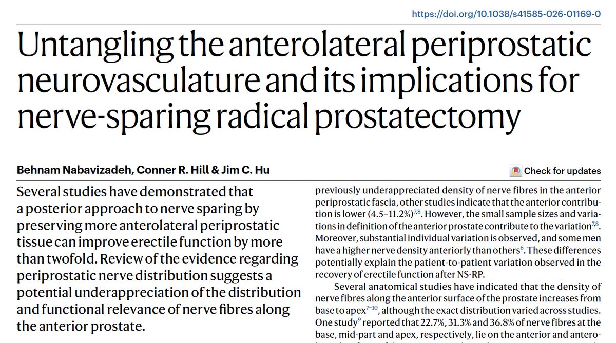 jimhumd's tweet photo. 1/10 🧵 Posterior Approach to Endopelvic Neurovascular Total Sparing (PATENTS) was associated with >2-fold faster recovery of erections sufficient for intercourse after nerve-sparing RP. Our new Nature Reviews Urology @NatRevUrol COMMENTasks whether preserving more anterolateral tissue may explain why. https://t.co/pz3wz80H5A