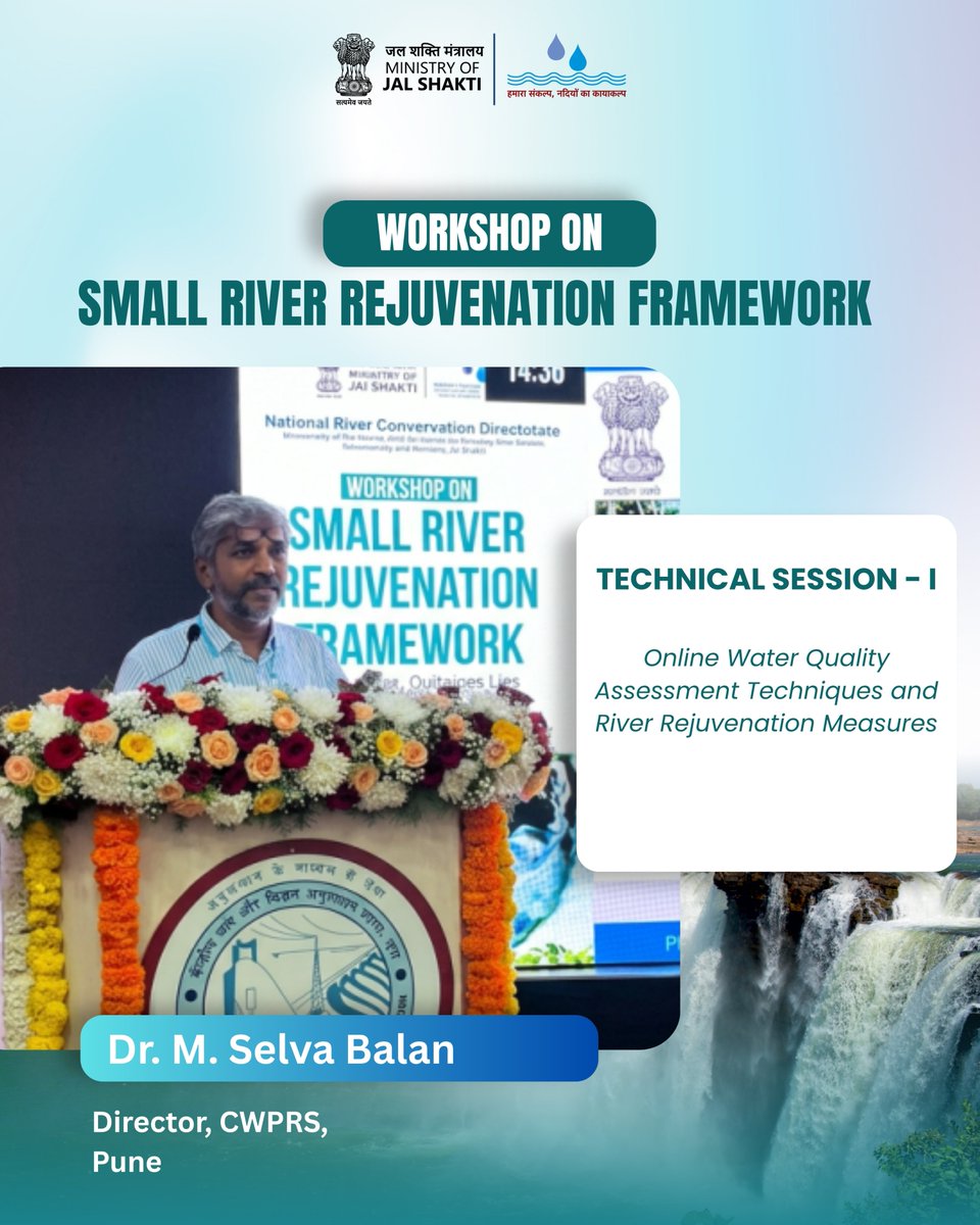 NRCD_MoJS's tweet photo. Technical Session I | Online Water Quality Assessment Techniques and River Rejuvenation Measures

Dr. M. Selva Balan, Director, CWPRS, Pune, spoke on the role of technological advancements and scientific approaches in addressing water-related challenges and supporting river rejuvenation.

He highlighted the importance of accurate data, field investigations, mathematical and physical modelling, drone-based surveys, GIS and remote-sensing technologies in understanding water systems and developing appropriate interventions.

The presentation also focused on emerging approaches for water quality assessment and monitoring, including sensor-based technologies, fibre-optic sensing, drone-based observations and satellite-based assessment. He explained the potential of these technologies for obtaining water-quality information across different spatial scales, while also emphasising the role of field and laboratory investigations.

Dr. Selva Balan further highlighted the technical expertise, specialised facilities and research capabilities available at CWPRS, and its potential to support studies related to water quality, river systems and river rejuvenation.

The session provided a technological perspective on how scientific data, advanced monitoring tools and specialised technical studies can contribute to understanding and addressing challenges associated with river systems.
This presentation added a technology-focused perspective to the ongoing deliberations on the Small River Rejuvenation Framework.

#SmallRiverRejuvenation #RiverRejuvenation #RiverConservation #WaterQualityMonitoring  #ScientificApproach #WaterTechnology #CWPRS #NRCD #NMCG