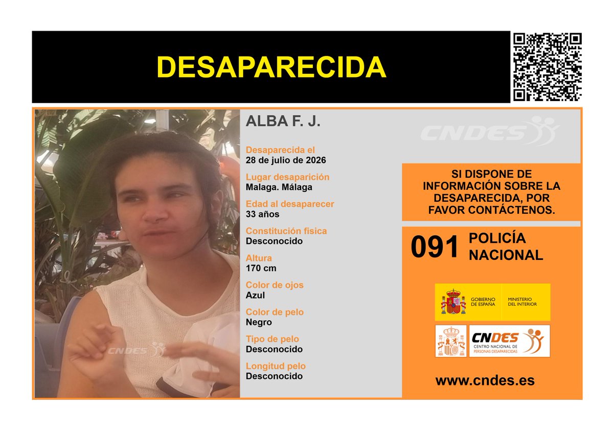 cndes_oficial's tweet photo. ⚠️𝘼𝙇𝙀𝙍𝙏𝘼⚠️
🧐Desapareció: #Málaga
🔁RT📲para ayudar a su localización
Si tienes noticias de su paradero:
📞091 @policia
📩https://t.co/6bQdoGGMHg
🔗Canal oficial @cndes_oficial https://t.co/91g2n46A0a