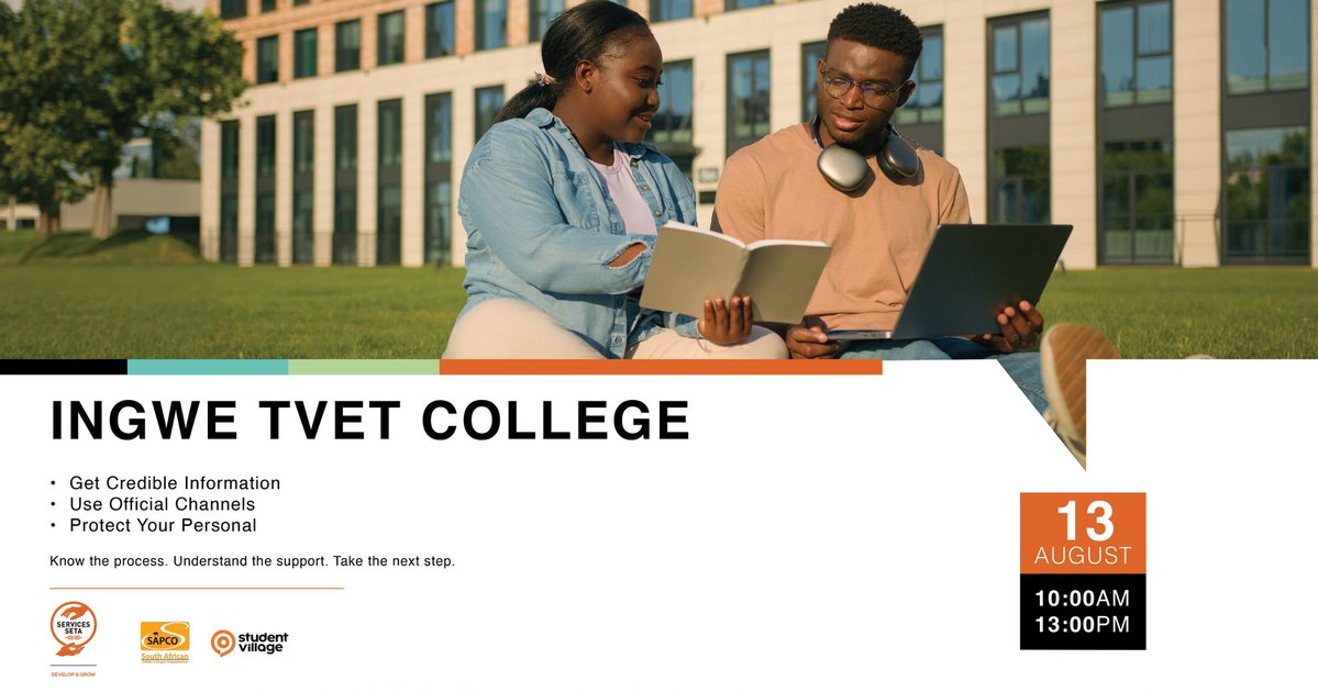 Zamma_Khumalo's tweet photo. Ingwe TVET students, don’t let rumours or the wrong information influence your future!

Services SETA and SAPCO will be on campus TOMORROW with reliable bursary information and learner support.

Come through, ask your questions, get the facts and find out where you can access official information on bursaries and student support. The right information can help you make the right decisions for your future.
#ServicesSETA #SAPCO #TVETBursaryAwareness