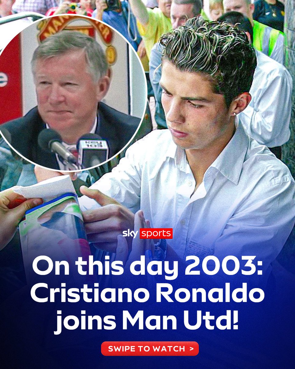 SkySportsPL's tweet photo. On this day in 2003, Cristiano Ronaldo joined Manchester United for the first time, with Sir Alex Ferguson describing him as an ‘enormous talent’ 🗣️ ✍️ https://t.co/DzGtf9QYVZ